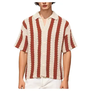 Men Casual Striped Knit Shirt Summer Short Sleeve Polo Neck Button Up Top Loose Breathable Youth Polyester Knitted Sweater