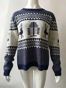 Cozy women's Christmas sweater featuring reindeer jacquard and geometric knit patterns