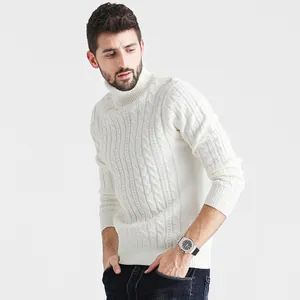 Slim fit white cable knit turtleneck sweater for men with high collar design