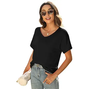 Classic women's black V-neck short sleeve casual T-shirt for summer fashion style