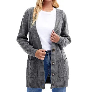 Close-up of a women's gray cable knit long cardigan with pockets and buttons.