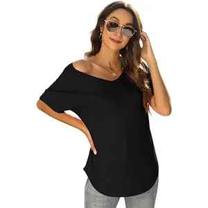 Classic women's black V-neck short sleeve T-shirt with a stylish off-shoulder design