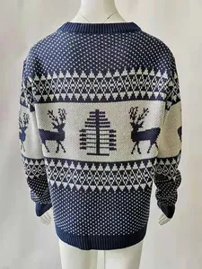 Back view of a navy blue Christmas sweater with reindeer and pine tree jacquard patterns