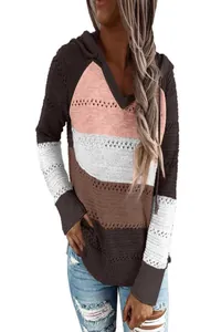 Damen V-Ausschnitt Strickpullover mit Kapuze und modernem farbigem Blockmuster-Design