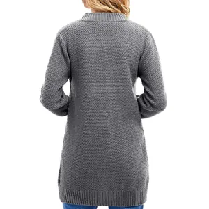 Detailed back view of a gray mid-length knitted cardigan showing waffle texture
