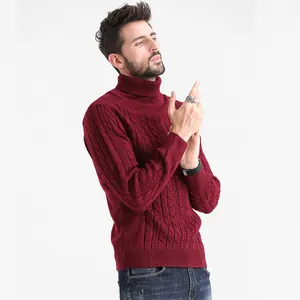 Slim fit men's burgundy cable knit turtleneck sweater for autumn and winter style