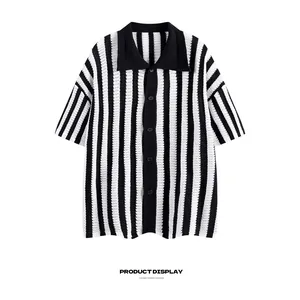 Men's stylish vertical black and white striped short sleeve knit polo shirt with buttons