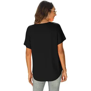 Back view of a women's black short-sleeve V-neck t-shirt showing the casual fit.