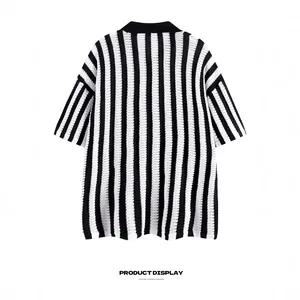 Casual loose-fit black and white vertical striped short-sleeved knit shirt for summer