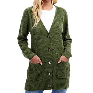 Close-up of dark green knitted cardigan featuring buttons and textured pockets for women