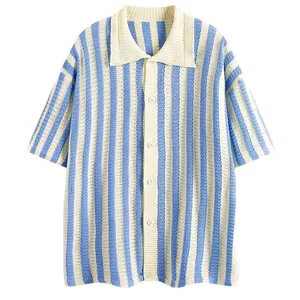 Casual summer knitted polo shirt with vertical light blue and white stripes, loose fit