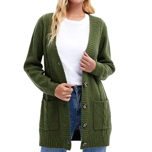 Close-up view of women's olive green knitted cardigan sweater with buttons and pockets