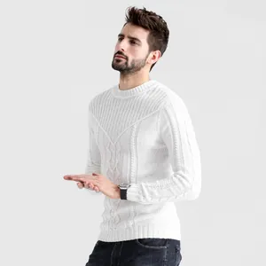 Maglione classico da uomo slim fit bianco con scollo a girocollo e trama a treccia