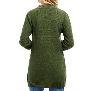 Detailed back view of a mid-length olive green cardigan with textured jacquard knit