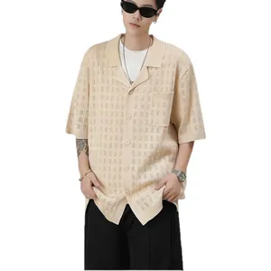 Stylish beige short-sleeved knitted polo shirt featuring vertical texture and lapel design