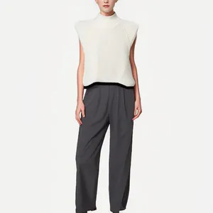 Elegant high-neck sleeveless wool knit vest for women in cream white with black hem detail