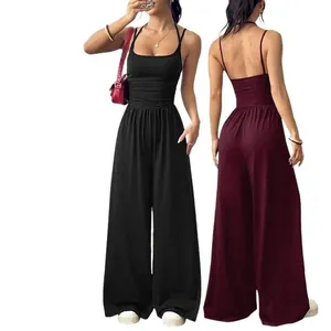 Summer women's backless wide-leg jumpsuit with spaghetti straps in black and burgundy