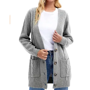 Detailed view of women's grey knitted cardigan featuring textured patterns and pockets