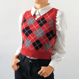 Gilet classico in maglia a rombi rossi e neri con scollo a V in stile preppy da donna