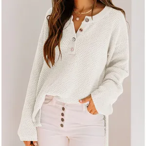 Women Half Open Placket Waffle Knit Sweater Casual Loose Long Sleeve Button Down Pullover Autumn Winter Acrylic Top