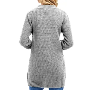 Back view of a gray mid-length knit cardigan for women with fine jacquard texture details