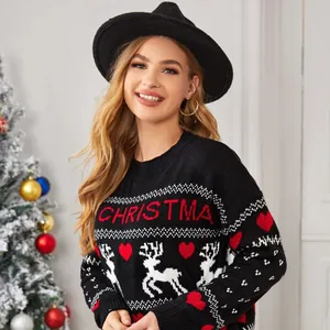 Pull de Noël élégant à col rond en maille avec motifs de rennes et cœurs festifs