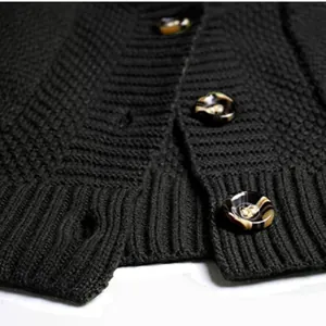Close-up detail of a black knitted cardigan sweater showing textured fabric and buttons