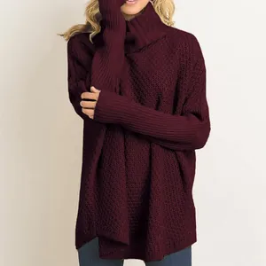 Cozy oversized burgundy turtleneck knit sweater for women, casual long sleeve winter pullover