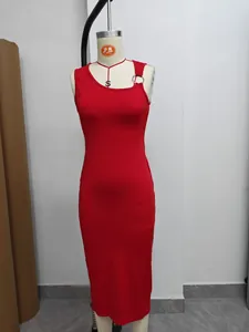 Elegant red sleeveless bodycon dress with irregular neckline on a mannequin model