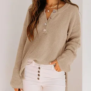 Women's loose casual waffle knit sweater with button-down henley neck in beige color