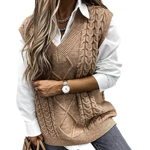 Gilet maglione da donna con scollo a V a trecce, vestibilità ampia, color kaki