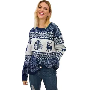 Women's festive Christmas sweater with blue and white reindeer jacquard pattern