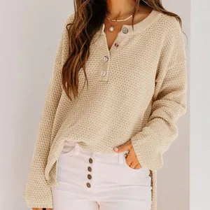 Casual loose beige knit sweater with button-up collar for women, autumn fashion style