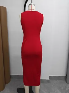 Rear view of a slim-fit red sleeveless bodycon maxi dress on a white mannequin in a studio.