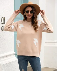 Stylish women's apricot knit sweater featuring white lightning bolt jacquard patterns for autumn.