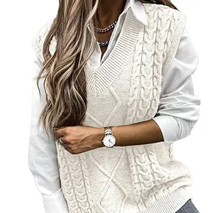 Gilet in maglia a trecce da donna, scollo a V, color crema, stile casual ampio
