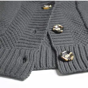 Close-up detail of grey knitted cardigan showing textured fabric and marbled buttons.