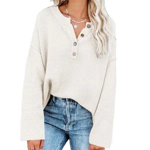 Chic women's casual loose off-white waffle knit henley sweater featuring rustic button details
