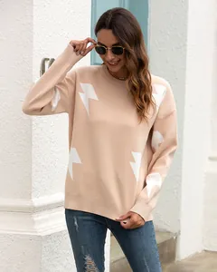 Stylish beige women's knit sweater featuring a white lightning bolt jacquard design