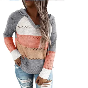 Lässiger Damen-Strickpullover mit V-Ausschnitt, Kapuze, Farbblock-Design und Lochmuster