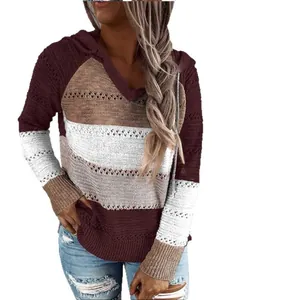 Damen Strickpullover mit V-Ausschnitt Kapuze und modischem Farbblock Design Herbst Winter