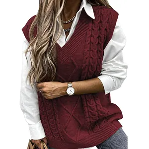 Gilet in maglia a trecce con scollo a V da donna bordeaux, stile ampio senza maniche
