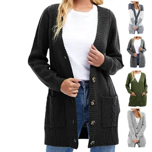 Women Mid-Length Knit Cardigan V-Neck Long Sleeve Button Down Sweater Outerwear With Pockets Acrylic Blend Jacquard Casual Autumn Coat Top