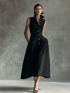 Full-length view of an elegant black sleeveless midi dress with a stand collar and white buttons