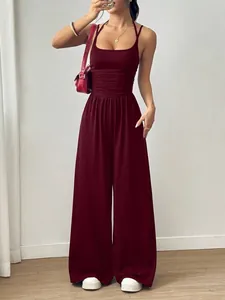 Burgundy summer sleeveless wide-leg jumpsuit with halter neck and elastic waist