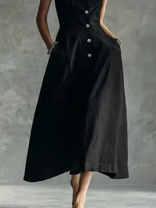Black sleeveless button-up midi dress with elegant stand collar and waist pockets