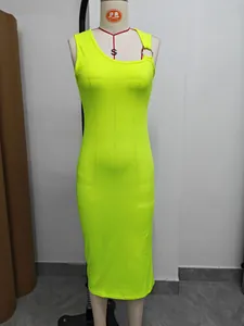 Neon green asymmetrical neck bodycon sleeveless midi dress with metal ring detail