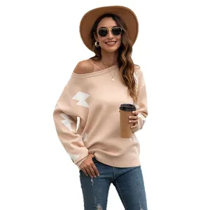 Chic off-shoulder beige knit sweater with white lightning bolt jacquard for autumn style