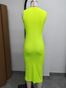 Back view of a vibrant neon yellow sleeveless bodycon midi dress on a mannequin