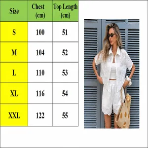 Size chart for white hollow eyelet sun protection shirt and shorts set
